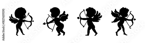 Cute cupid silhouette set with bow and arrow, romantic valentine's symbol