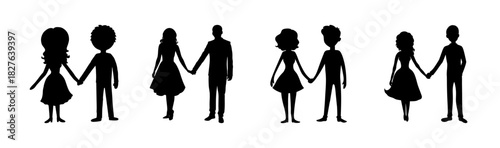 Diverse couples holding hands silhouettes, showing love, and unity