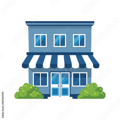 Two-story blue store building with striped awning and windows, flanked by green bushes, flat design illustration