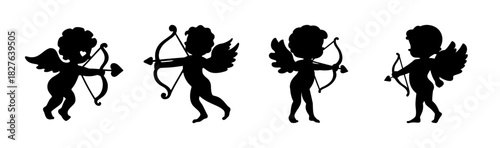 Stylized cupid silhouettes with bow and arrow, romantic holiday symbol