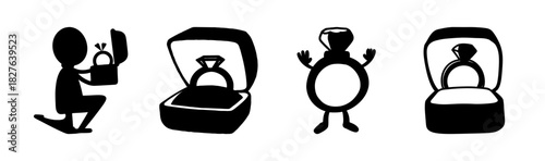Marriage proposal and engagement ring icons. love, romance, commitment