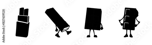 Humorous chocolate bars cartoon characters set in black silhouette