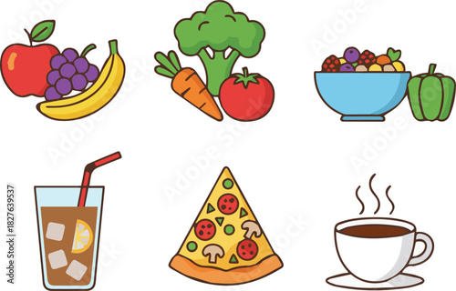 A collection of various food and drink items including fruits, vegetables, pizza, iced tea, and coffee, representing healthy and unhealthy choices.