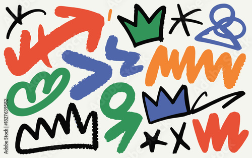 Colorful Abstract Shapes and Symbols on Off White Background Modern Design