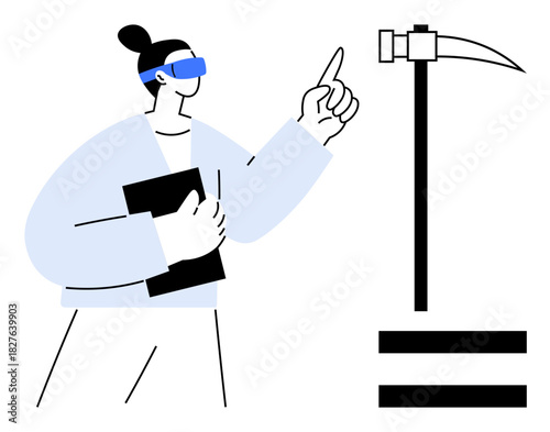 Person wearing VR glasses gestures toward pickaxe symbol while holding a tablet. Ideal for innovation, technology, education, creativity, exploration, problem-solving, futuristic decision-making