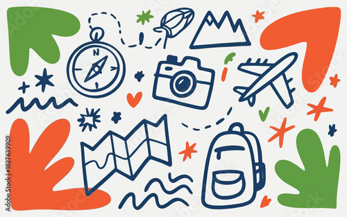 Hand Drawn Travel Icons and Elements on a Light Background