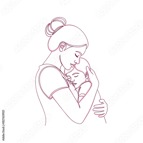 A mother's tender embrace with her child, symbolizing love, care, and a strong family bond in line art.