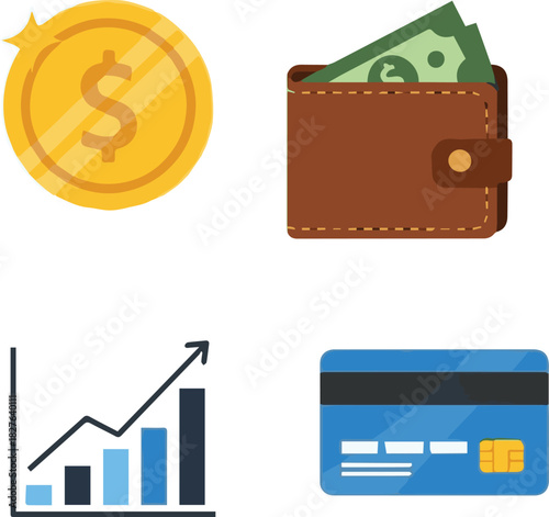 A collection of financial icons including a dollar coin, a wallet with money, a growth chart, and a credit card.