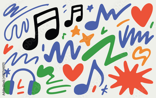 Colorful Doodle Pattern with Music Notes Hearts Stars Headphones and Abstract Shapes
