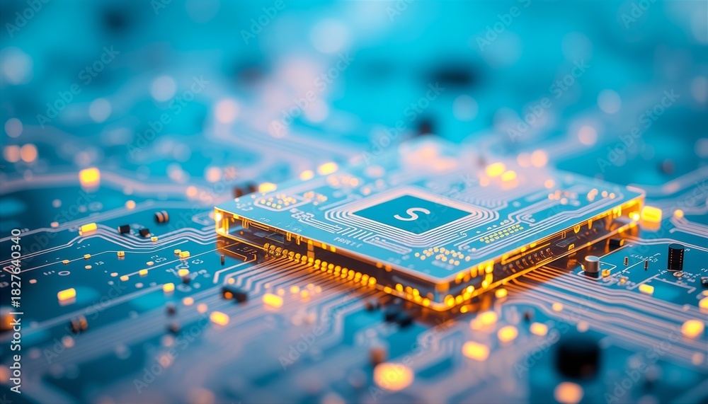 Obraz premium Futuristic concept Glowing Microchip on Blue Circuit Board