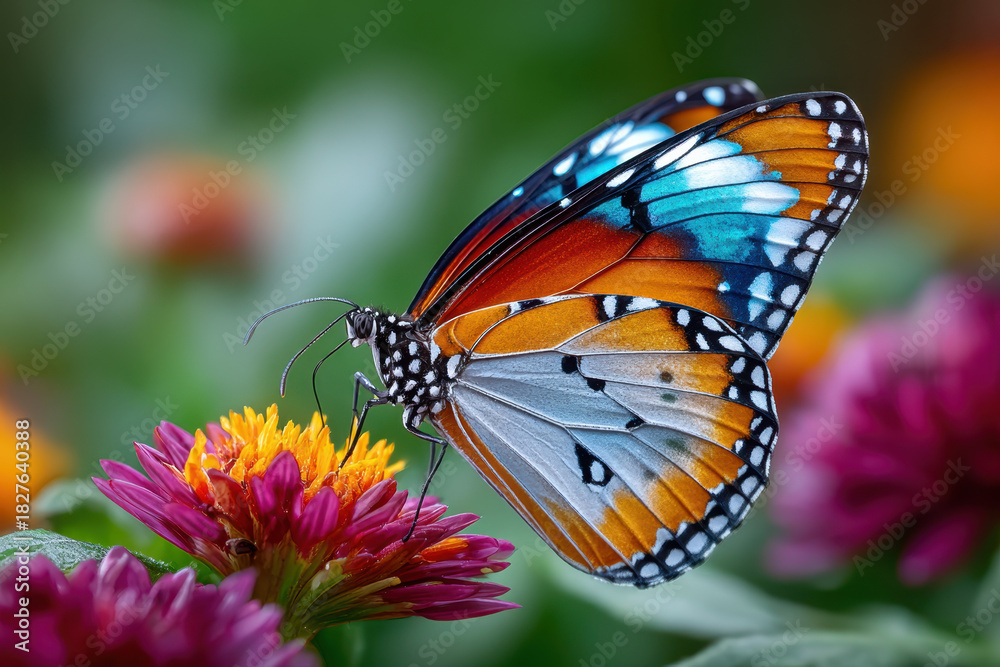 Fototapeta premium Vibrant Butterfly on a Colorful Flower in Nature