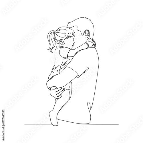 Continuous line art drawing of a father embracing his young daughter, showcasing paternal love and family bond.