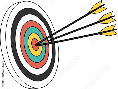 Arrows hitting center of target, business concept of success, focus, achievement, clean vector design, high-resolution, professional, sleek lines.
