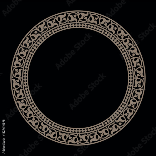 Oriental vector round gold frame with arabesques and floral elements. Abstract ornament. Vintage, ethnic vector frame. Pattern frame for round surfaces, household utensils, textiles, embroidery, plate