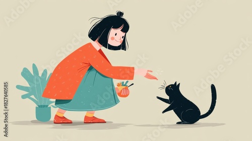 Young girl feeding a black cat while standing in a cozy indoor setting with plants