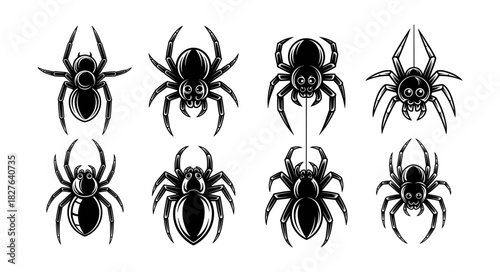 Collection of eight black spider illustrations in various poses.