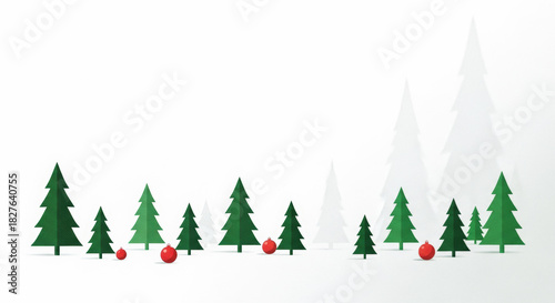 Minimalist Christmas forest background with green fir trees, red ornaments and white snowy silhouettes in a festive winter landscape.