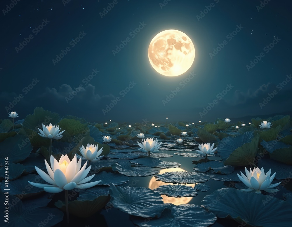 Naklejka premium White lotus flowers glow on dark pond water at night. Large full moon powerfully illuminates tranquil scene, reflecting brightly on surface. Stars twinkle in deep blue night sky. Beautiful serene