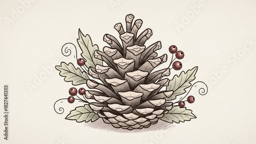 Delicate pinecone drawing with berries and leaves, bringing nature's beauty to your projects this winter season, a lovely festive touch