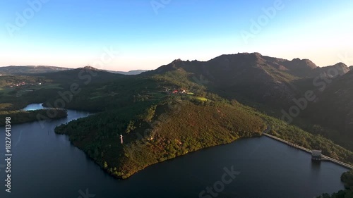 Mountain Range From Santa Uxia Reservoir In A Coruña, Spain. - aerial pullback shot