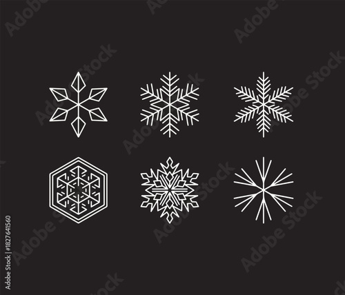 Collection of 6 White Geometric Line Art Snowflake Vector Icons Isolated on a Black Background
