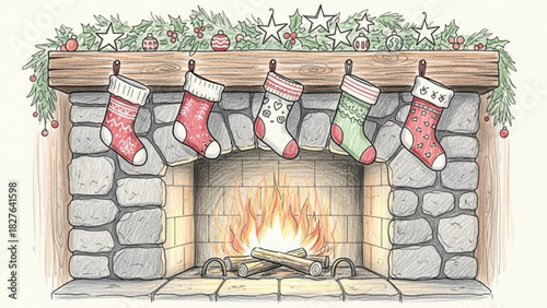 Cozy Christmas fireplace with hanging stockings and festive garland, spreading holiday cheer and warmth, perfect for family moments and seasonal greetings