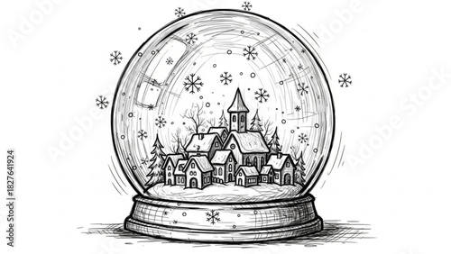 Enchanting winter village scene inside a delicate snow globe, evoking holiday cheer and nostalgic memories, ideal for seasonal greetings and festive designs
