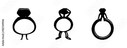 Three distinct black engagement ring icons, minimalist design