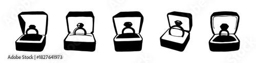 Engagement ring icon set in various open boxes, wedding proposal