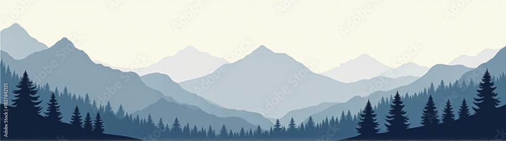 Naklejka premium Mountains and trees are silhouetted against a pale blue sky