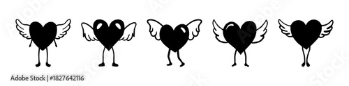 Cute winged heart characters with legs in various playful poses