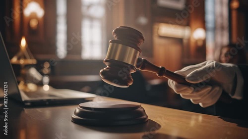 Wallpaper Mural A gloved hand strongly strikes a gavel on a sound block representing legal rulings or auction bids. Torontodigital.ca