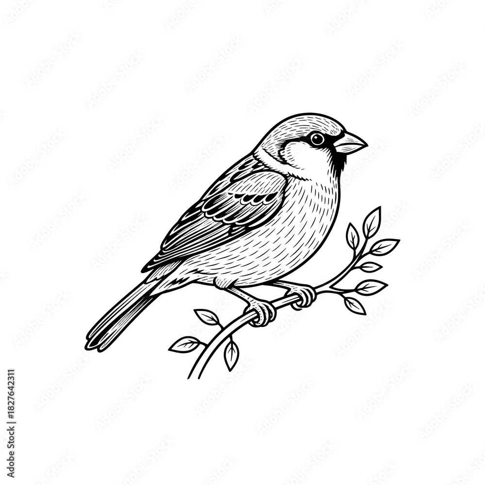 Obraz premium Detailed line drawing of a small bird perched on a branch