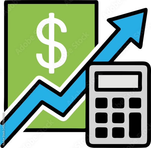 Finance Growth Icon with Calculator and Rising Arrow – Flat Money Analytics