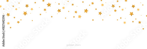 Falling golden stars confetti border. Christmas golden sparkling. Vector illustration with gold foil texture for festive holiday design.