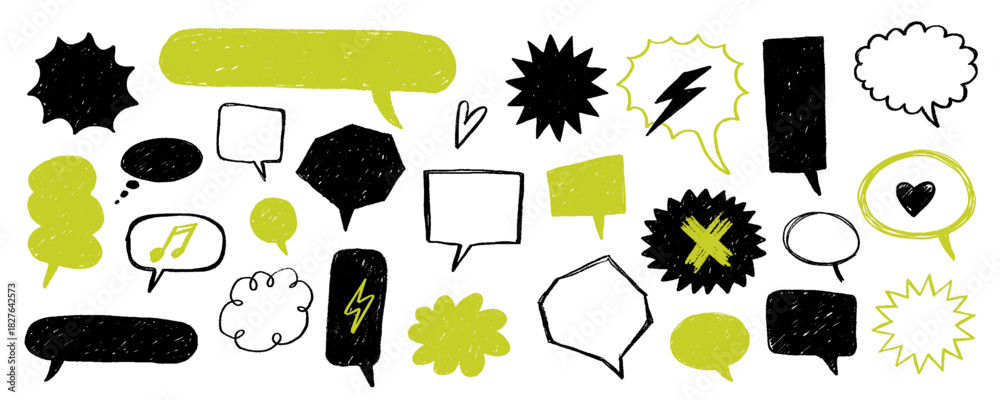 Fototapeta premium Hand-drawn speech bubble set with crayon scribble texture. Vector doodle collection of chat boxes and comic elements for messages and design.