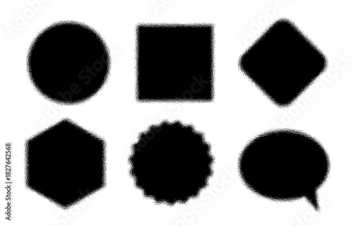Set of black geometric shapes with a frosted glass or diffusion effect. Vector banners and frames with grainy texture for modern design, labels, and stickers.