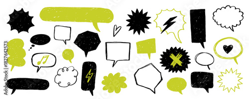 Hand-drawn speech bubble set with crayon scribble texture. Vector doodle collection of chat boxes and comic elements for messages and design.