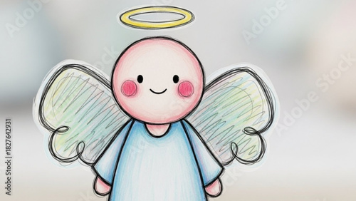 Adorable angel with halo and wings evokes innocence and peace, perfect for holiday greetings, spiritual themes, or children's designs, originally vector