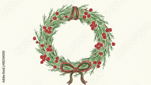 Festive hand-drawn Christmas wreath with red berries and ribbon, perfect for holiday greetings and invitations, spreading joy and seasonal cheer, originally vector