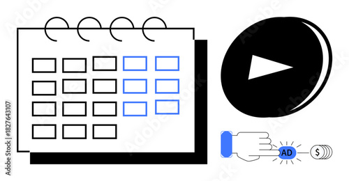 Calendar with highlighted blocks, play button icon, and hand clicking ad payment. Ideal for scheduling, content strategy, video marketing, monetization, advertising planning digital tools. Simple