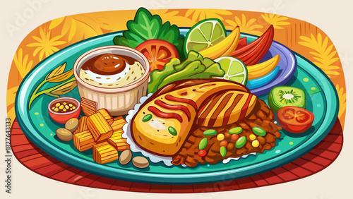 Very beautiful semi-realistic vector illustration of a Casado dish, featuring grilled chicken served with rice, beans, salad, fried plantains, and a colorful assortment of accompaniments, presented on