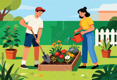 Two people tend to a colorful flowerbed in a garden. One shovels soil, the other waters. Green grass