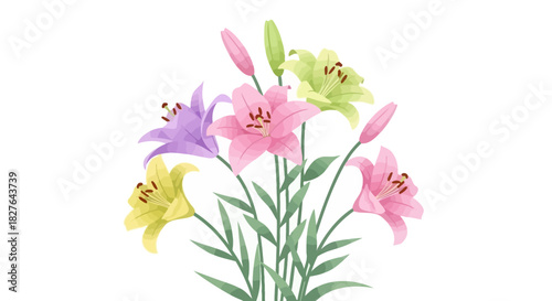 Pastel Lilies Bouquet A Delicate Floral Arrangement with Pink, Purple, Green, and Yellow Lilies on a White Background