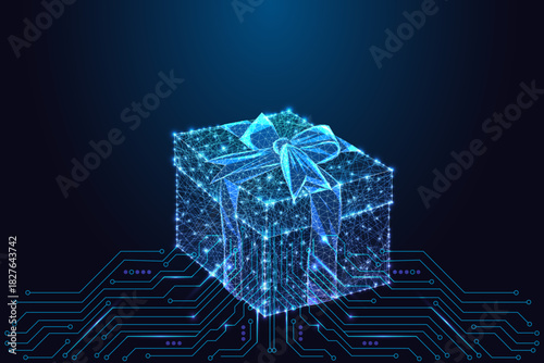 Futuristic glowing gift box on circuit board, digital holiday e-commerce vector illustration