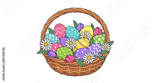 Basket filled with colorful Easter eggs, daisies, and tulips, perfect for spring and Easter celebrations
