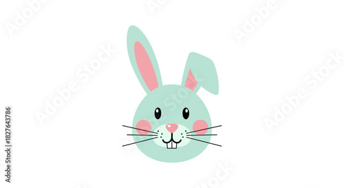 Cute cartoon Easter bunny face with pink ears and cheeks, whimsical illustration for spring celebrations