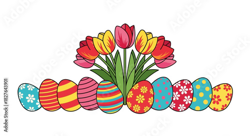 Vibrant Easter Decoration Tulip Bouquet and Colorful Eggs for Festive Celebration