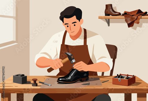 A shoemaker, wearing an apron, hammers a shoe on a table with tools. A shelf shows a boot and leather