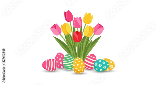 A cheerful Easter composition with a vibrant bouquet of pink and yellow tulips and intricately decorated eggs, perfect for a spring holiday greeting